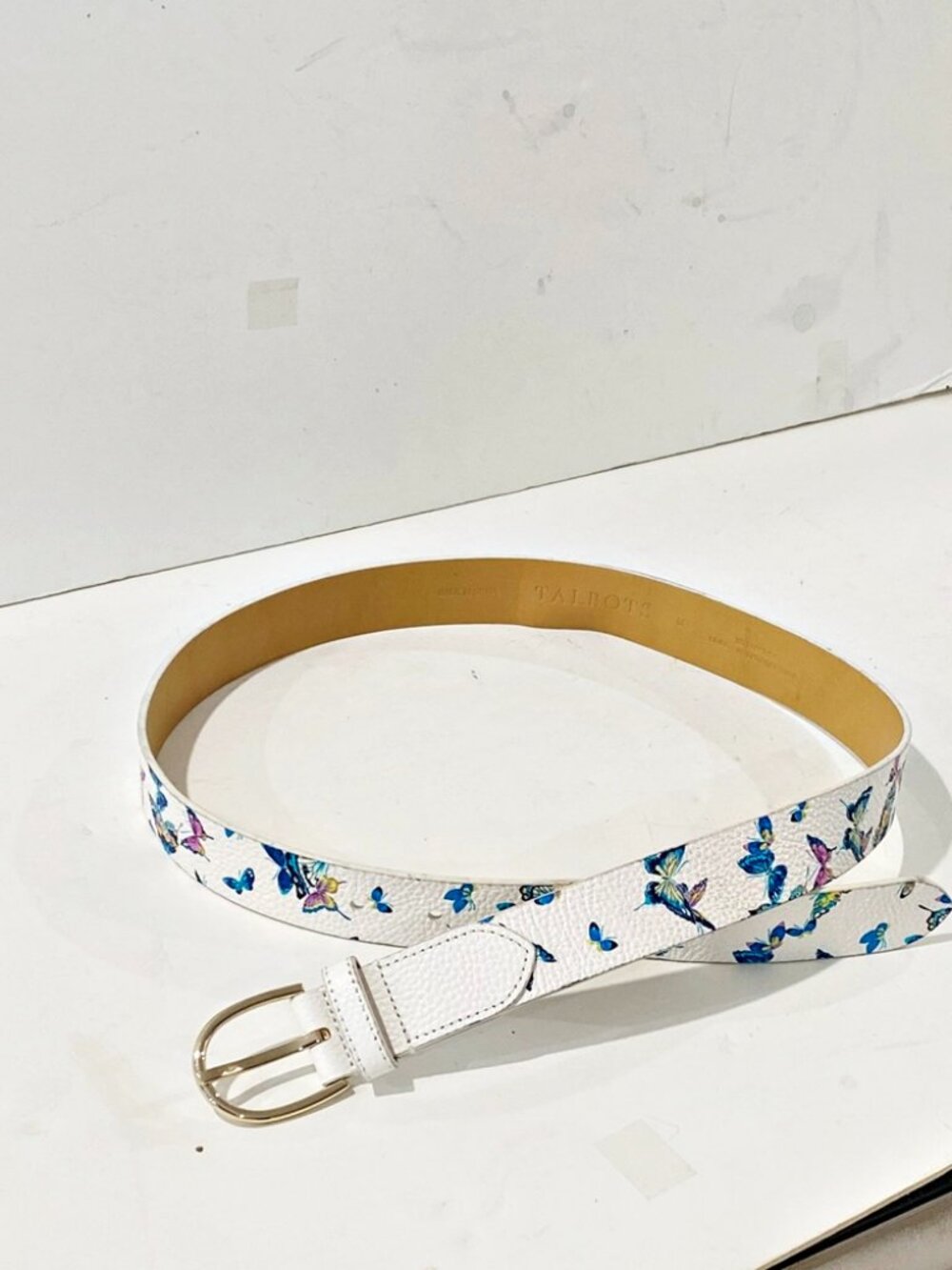 Talbots Womens Fashion Belt White Leather Pebbled Butterflies Goldtone Buckle M